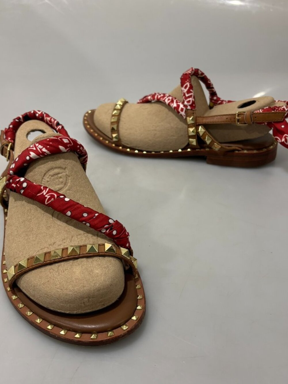 Ash 8.5-9 39EU Pattaya Red Bandana Print Wrap Gold Studded Leather Flat Sandals